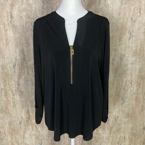 Michael Kors Sz Large Black Half Zip 3/4 Sleeves Gold Accent Shirt Top EUC